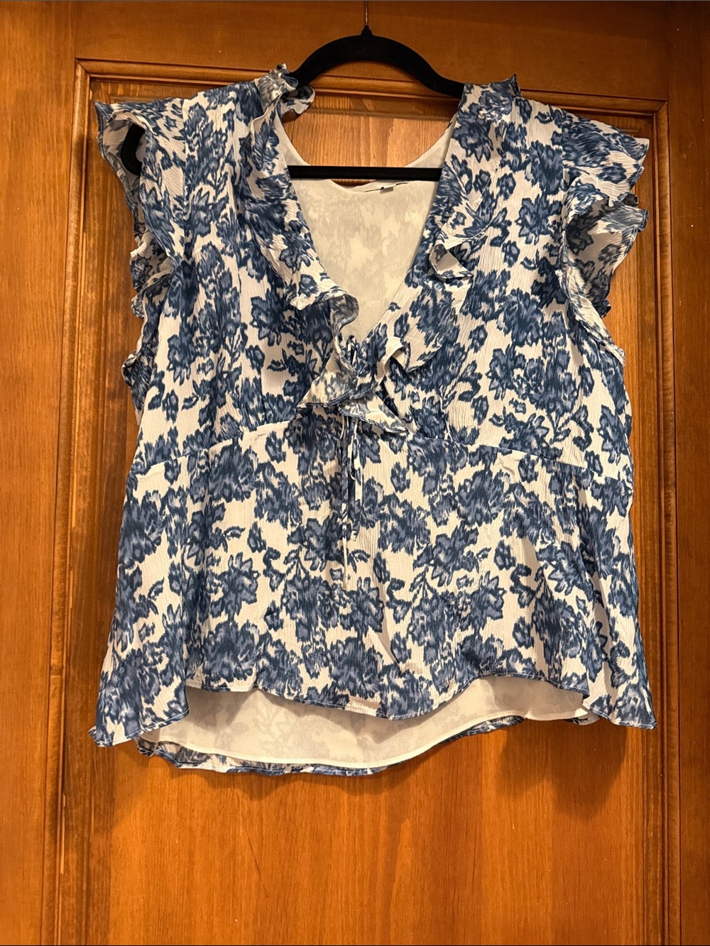 Rails Blue and White Floral Ruffle V-Neck Blouse